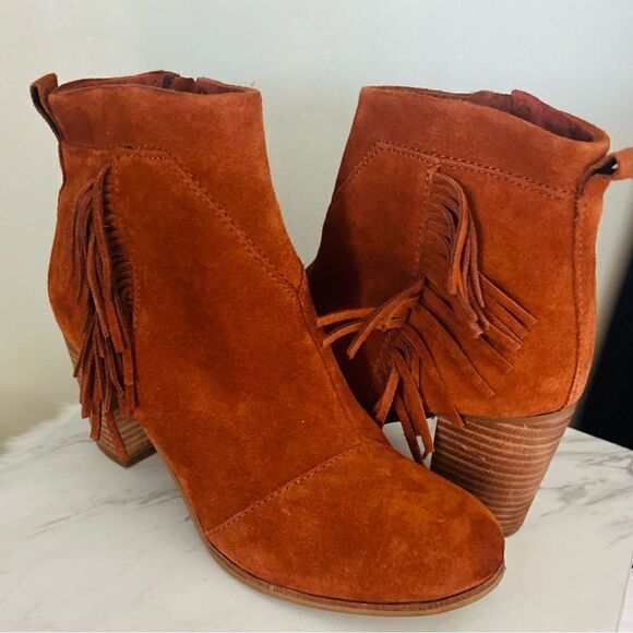 TOMS Lunata Western Boho Tassel Suede Bootie Stacked Block‎ Heel, Brown Size 8.5 - Picture 4 of 17